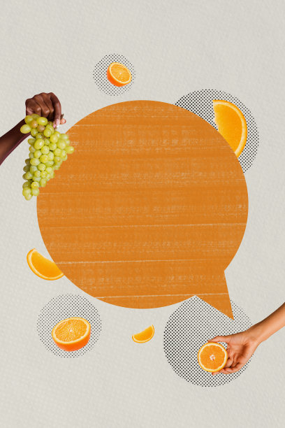 垂直照片拼贴，手握维生素水果浆果葡萄橙子，鲜美排毒饮食营养，背景为涂鸦风格。图片下载