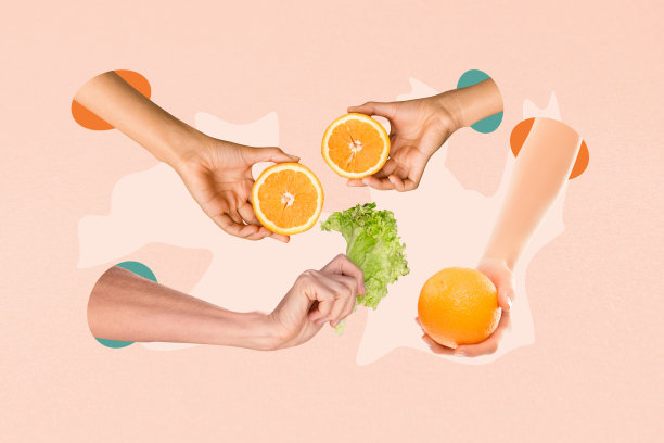 手握橙子、水果、生菜沙拉的拼贴照片，展示排毒营养饮食，适合素食者，背景为涂鸦风格。图片下载