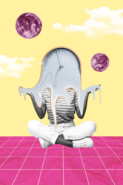 有趣奇怪的女人的拼贴艺术杂志，脸上是融化的钟表，背景为手绘风格。图片下载