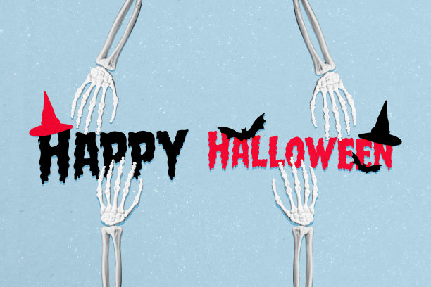 骨骼手拼贴照片，拼出死去的骷髅、墓地、巫术、万圣节恐怖，孤立在涂鸦背景上。图片下载