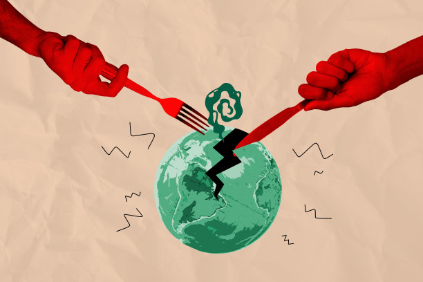 趋势艺术作品 3D 草图图像 照片拼贴 环境灾难 巨大的手握着厨房用具 叉子 刀子 破坏生态系统 吃掉地球图片下载