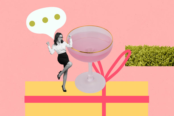 3D照片拼贴艺术作品，展示穿着正式服装的年轻女士在俱乐部庆祝饮品，舞动微笑，伴随言语气泡。图片下载