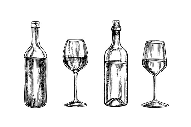 一组葡萄酒图片。红酒和白酒瓶，酒杯。手工制作的矢量插图。用于包装和标签。用于横幅和海报。适合餐厅、酒吧等场所。图片下载