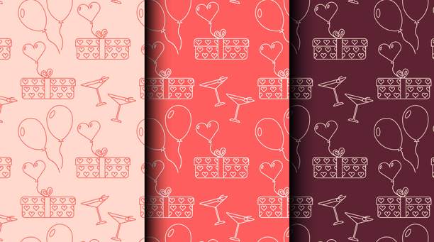 无缝庆祝图案集，轮廓风格，红色单色调。非常适合包装、邀请函和派对主题设计素材。图片下载