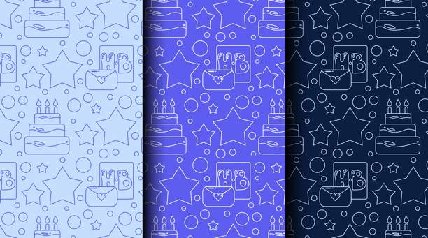 一套无缝庆祝图案，采用蓝色单色调的轮廓风格。非常适合包装、邀请函和派对主题设计素材。图片下载