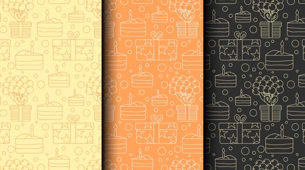 一套无缝庆祝图案，采用轮廓风格和橙黄色单色调。非常适合包装、邀请函和派对主题设计素材。图片下载