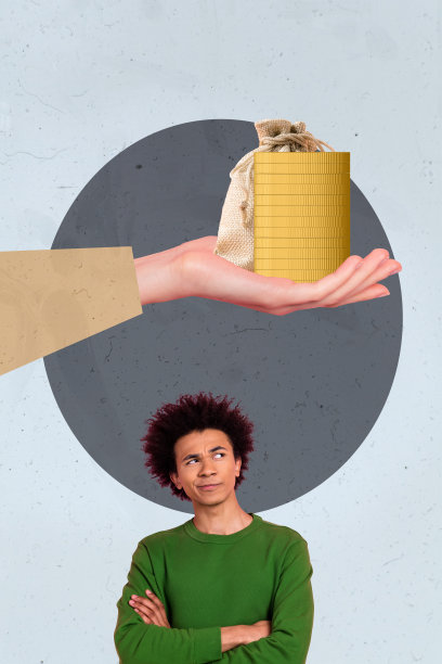 现代风格的横幅照片拼贴，展示快乐的商业伙伴，男孩女孩站在美元硬币旁，象征资本、收入和利润。图片下载