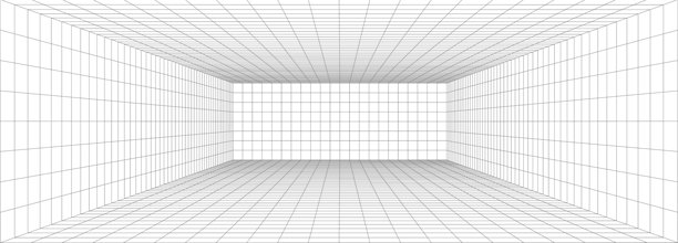 3D网格透视背景，带有房间和地面白色线条布局。框架和图案定义虚拟空间。用于建筑设计的矢量网格。图片下载