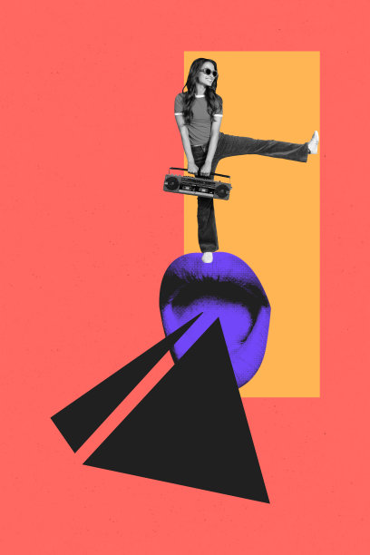 年轻女士手持音响跳舞的创意照片拼贴艺术模板，展现无忧无虑的周末夜店娱乐活动。图片下载