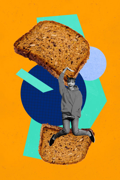 快乐女孩和男孩跳舞的大尺寸面包片营养美食厨师卡路里饮食的横幅照片拼贴趋势草图模板图片下载