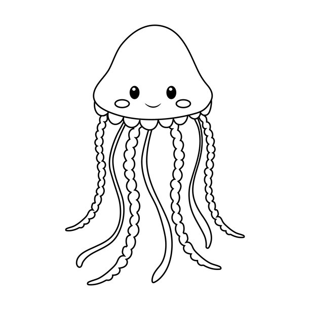 可爱的水母，面带微笑，长触手在海洋中游泳，插画风格为涂鸦。图片下载