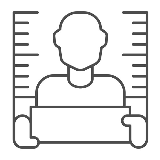 盗贼男子的肖像照片，细线图标，警察力量概念。矢量图形。拿着木板的男子，法律与秩序标志，白色背景上的轮廓风格图标，适用于移动或网页设计。图片下载