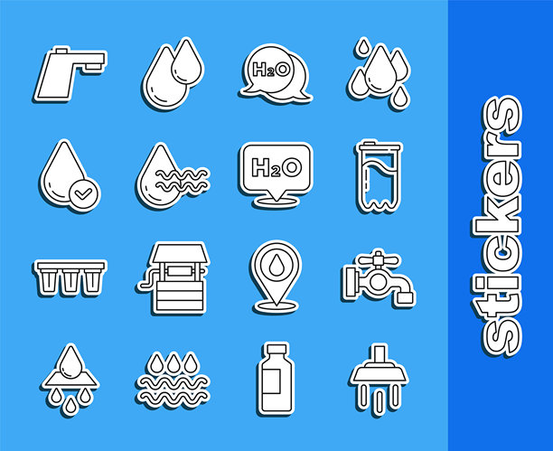 淋浴喷头、水龙头、滤芯、化学式H2O、回收清洁水、滴水和图标。矢量图。图片下载
