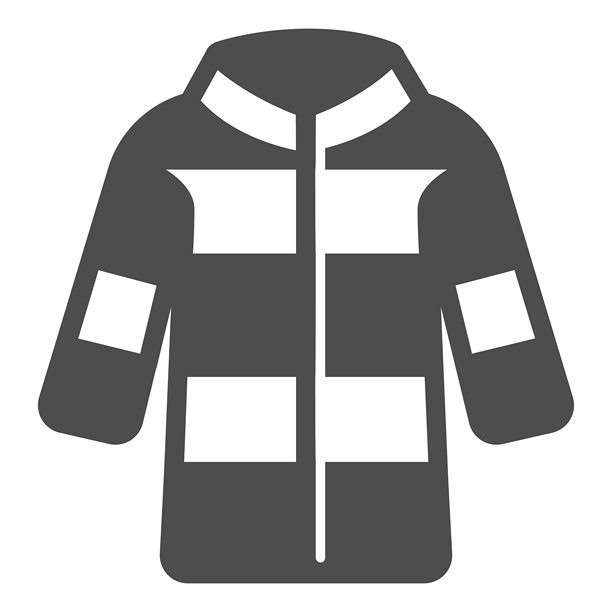 无口袋的羽绒服实心图标，秋季服装概念。矢量图形。女性外套标志，白色背景上的服装，移动或网页设计的图形风格图标。图片下载