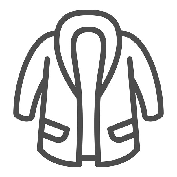 棉毛皮大衣线条图标，冬季服装概念。矢量图形。带口袋的羽绒服，白色背景上的服装标志，适用于移动或网页设计的轮廓风格图标。图片下载