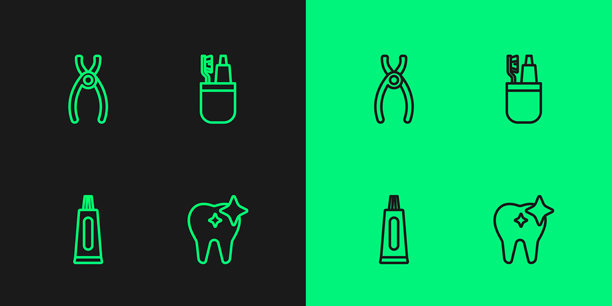 牙齿美白、牙膏、牙科钳和牙刷图标。矢量图。图片下载