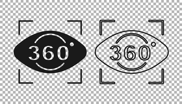 黑色360度视图图标，背景透明。虚拟现实。360度摄像机角度。全景照片。矢量图。图片下载