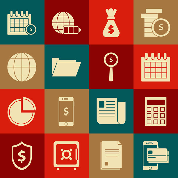 手机和信用卡、计算器、日历、钱袋、文件夹、地球仪、财务日历和放大镜美元符号图标。矢量图。图片下载