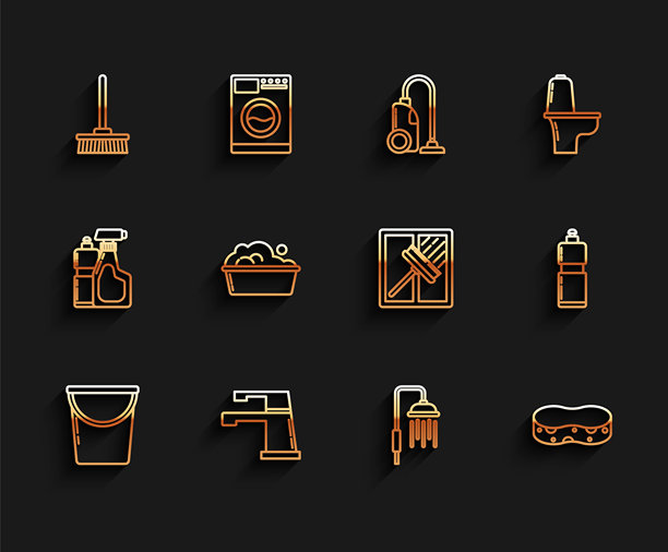 水桶、龙头、拖把、带水滴的淋浴头、海绵、塑料盆中的肥皂泡、洗洁精瓶和刮水器图标。矢量图。图片下载