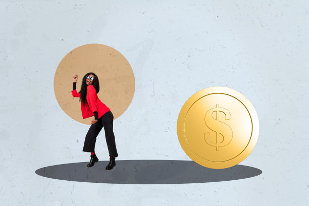 现代风格的横幅照片拼贴，展示快乐的商业伙伴，男孩女孩站在美元硬币旁，象征资本、收入和利润。图片下载