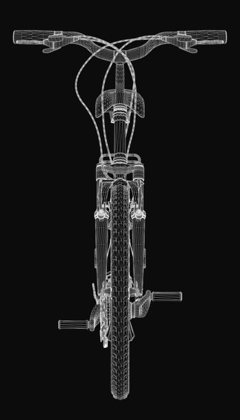 一款山地自行车的3D线框模型，细致的把手、座椅、踏板和车架，真实地呈现在黑色背景上。复杂的设计突显了自行车的结构。图片下载