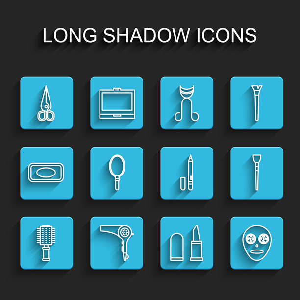 化妆工具图标：发刷、吹风机、剪刀、口红、面部美容面膜、手镜、化妆品和眼线笔、眉毛图标。矢量图。图片下载