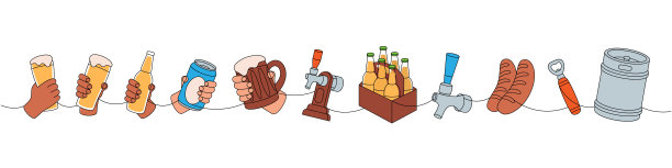 啤酒厂设置单线彩色连续绘图。金属小桶，开瓶器，香肠，啤酒龙头，易拉罐，玻璃，酒瓶连续一行插图。图片下载