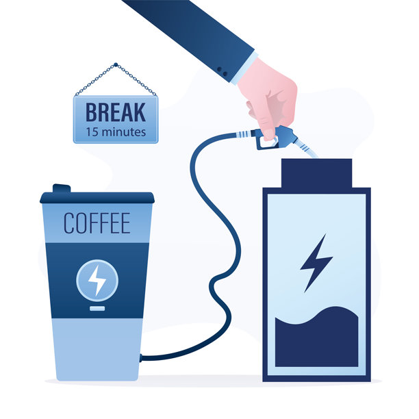 上班族手拿加油枪给咖啡电池充电。喝咖啡休息，休息。企业家给空电池充电。一大杯咖啡，休息15分钟。图片下载