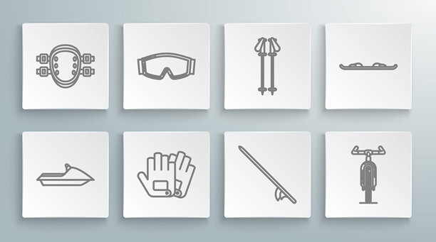 集线喷气滑雪，滑雪护目镜，手套，冲浪板，自行车，杆，滑雪板和护膝图标。向量图片下载