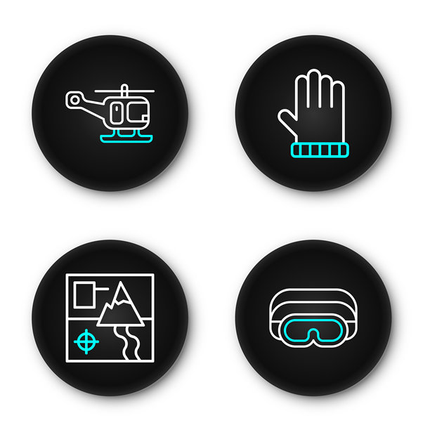 滑雪护目镜、折叠地图、圣诞手套和救援直升机图标。矢量图。图片下载