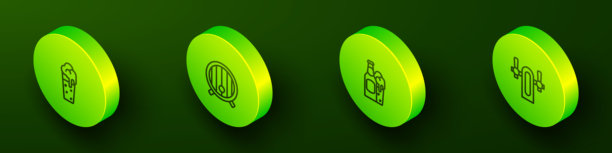 等距线条啤酒杯、木桶、啤酒瓶和水龙头图标。矢量图。图片下载