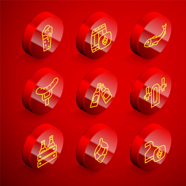 啤酒杯、木桶、干鱼、叉子上的香肠、啤酒瓶、水龙头、包装瓶和啤酒花图标。矢量图。图片下载