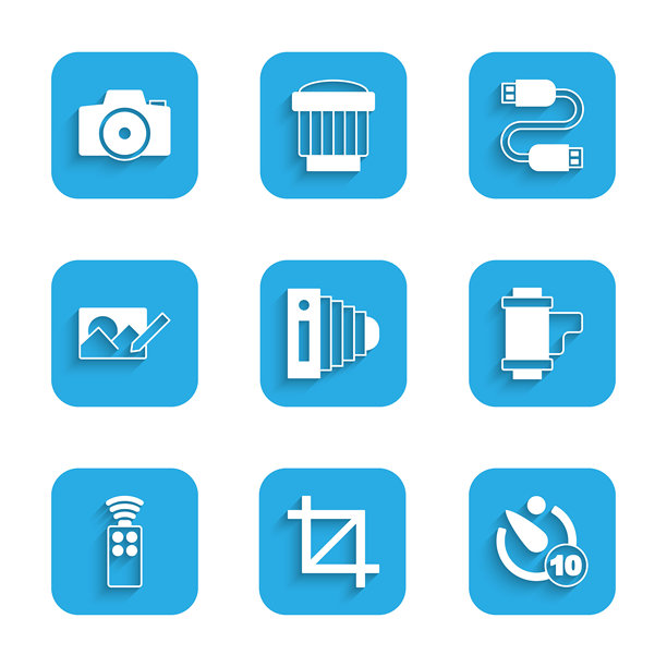 相机设置，图片裁剪，照相机定时器，胶卷，遥控器，修图，USB数据线和图标。矢量图图片下载