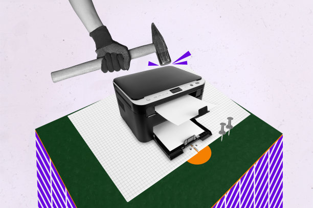 海报草图图像艺术作品 3D 照片拼贴，匿名手握锤子攻击工具，企业设备，打印机，办公纸张文件图片下载