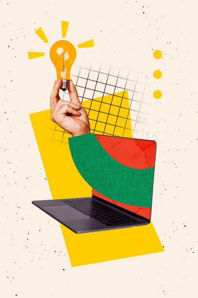 3D照片拼贴模板趋势艺术作品草图，展示挑战、创业、聪明决策、思维、手握创意灯、笔记本电脑显示、远程。图片下载