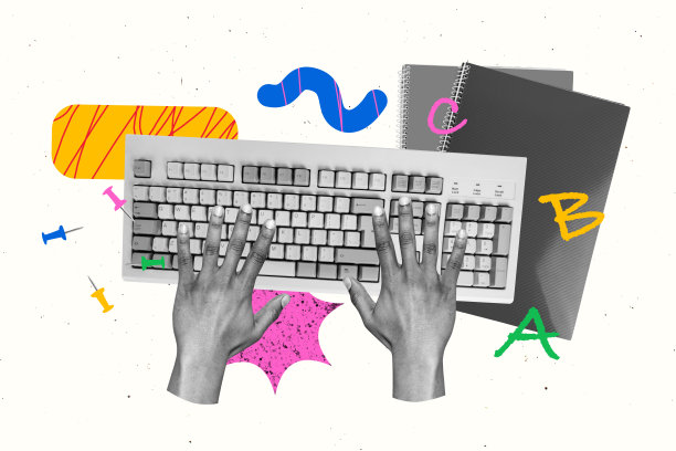 素描合成的3D照片拼贴艺术作品，展示了穿着校服的学生在九月的课堂上用qwerty键盘打字的场景。图片下载