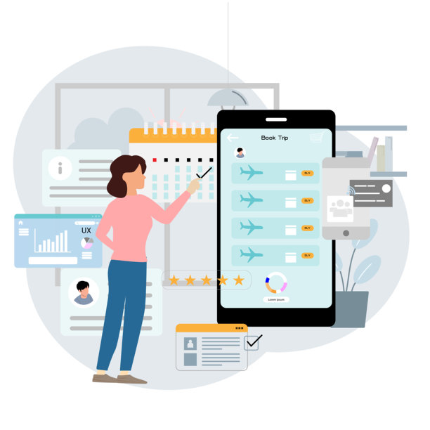 女性在家中设计移动UX/UI预订的平面插图工作空间。漂浮的屏幕、平板电脑和图表展示了智能、简约设置下的数字生产力。图片下载