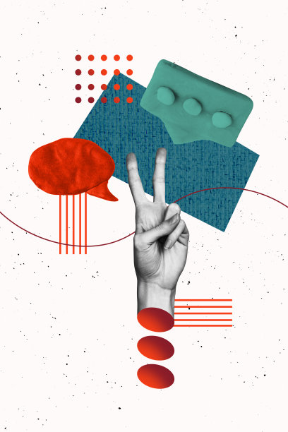 趋势艺术作品 3D 照片拼贴设计，字母“think”与思维、笔记、气球、信息符号、手势和身体语言，展示出两个手指的和平手势。图片下载