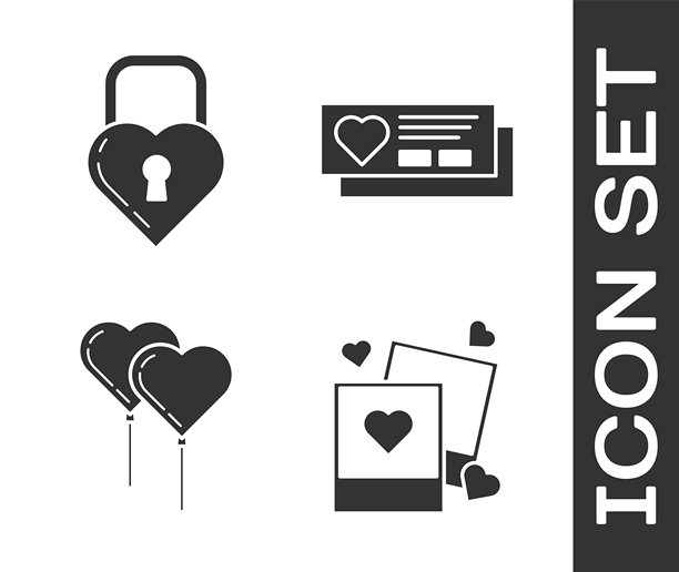两个空白照片框和心形，心形城堡，心形气球带丝带和带心形图标的票据。矢量图。图片下载