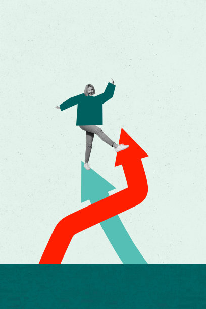 模板海报趋势艺术作品 3D 照片拼贴展示创业方向选择的道路，年轻女性站在两根指向上方的箭头旁，象征着成长。图片下载