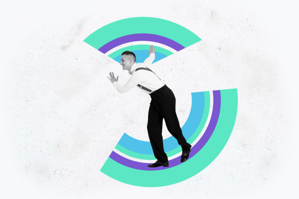 快乐的女商人与男商人在几何图形前站立，展示职业发展与目标的照片拼贴艺术海报图片下载