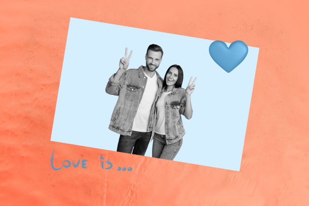 情人节快乐的女孩和男孩的艺术拼贴照片，展示了心形明信片、亲密的情感和浪漫的氛围。图片下载