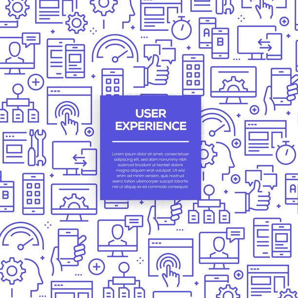 向量的设计模板和元素为用户体验在流行的线性风格-无缝模式与线性图标相关的用户体验-向量图片下载