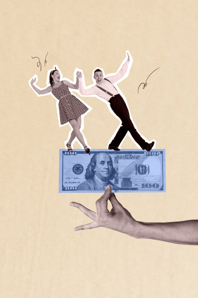 时尚艺术创意竖版照片拼贴，手握美元钞票的舞蹈伙伴，女孩与男孩一起庆祝收入。图片下载