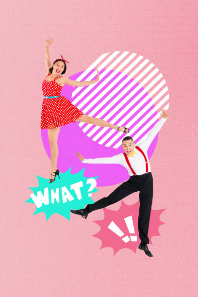 海报照片，垂直拼贴，两位快乐的女孩和男孩在跳舞，气泡闪烁，交流中带有感叹号的对话框。图片下载