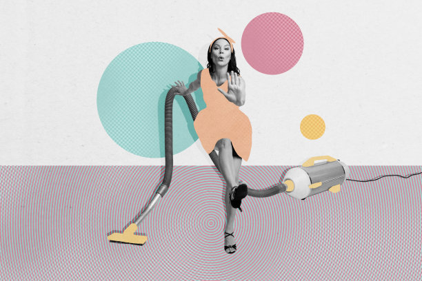拼贴照片合成，展示了穿着复古风格的年轻女士，手持吸尘器，体现日常卫生和家庭清洁的日常琐事。图片下载