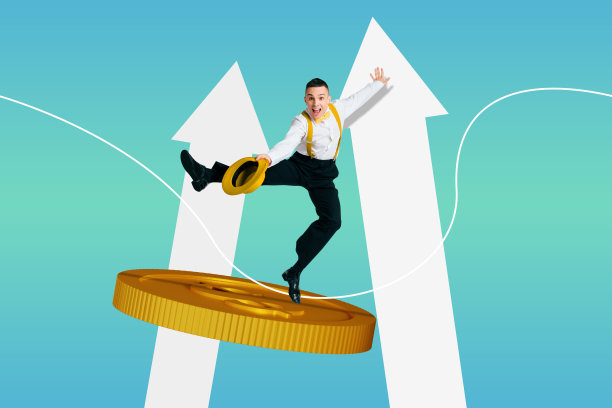 年轻绅士跳舞的素描图像艺术合成，3D照片拼贴，展示了硬币、向上的箭头、预算、财务、收入、储蓄、银行和经济。图片下载