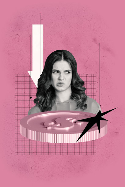 3D弹出式横幅照片拼贴，展示一位缺乏经验的女商人与男商人站在箭头下滑、美元损失、危机、通货膨胀和硬币的场景。图片下载