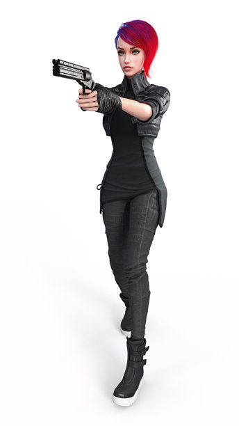 3D渲染的赛博朋克女孩，穿着时尚的皮夹克，双手持枪。城市年轻女性，短红发和蓝眼睛。女孩穿着灰色牛仔裤和运动鞋，瞄准目标。图片下载