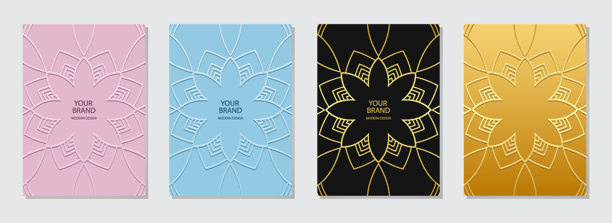 封面套件，垂直模板。几何背景的集合，带有优雅的民族图案。曼陀罗，阿拉伯花纹，标志。浮雕3D装饰，东方、亚洲、印度、墨西哥、阿兹特克的主题。图片下载